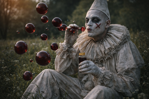 Pokerdot the Clown blowing red blood bubbles. This Halloween Horror poster is just what your walls are screaming for! Sold by FracturedMindTheater.com