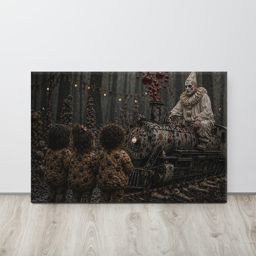 He Likes To Ride His Little Choo Choo Horror Canvas, 36 × 24 in Pokerdot the Clown riding a polka dot train with hybrid chocolate chip cookie kids. Train blows blood red bubbles out of it. FracturedMindTheater.com