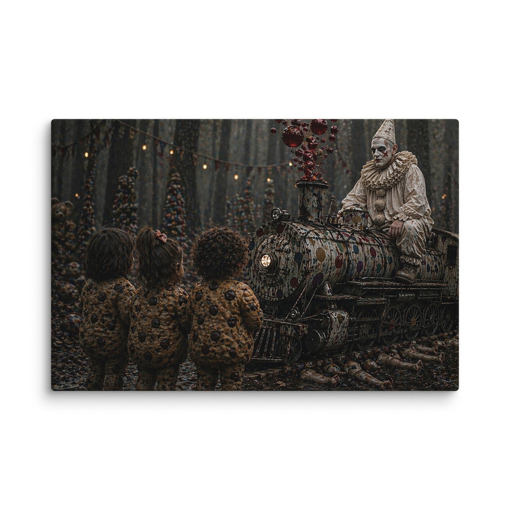 He Likes To Ride His Little Choo Choo Horror Canvas, 36 × 24 in Pokerdot the Clown riding a polka dot train with hybrid chocolate chip cookie kids. Train blows blood red bubbles out of it. FracturedMindTheater.com