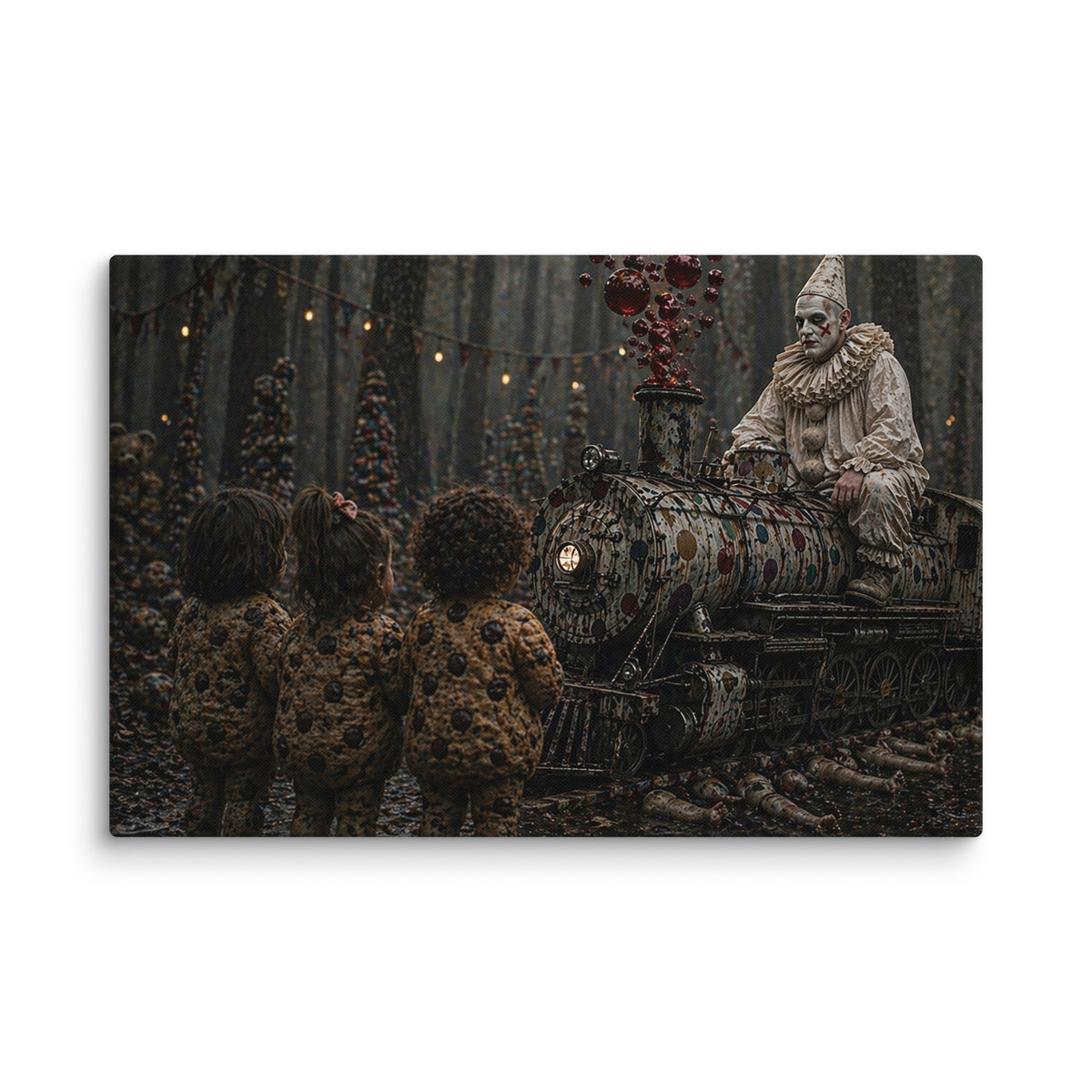 He Likes To Ride His Little Choo Choo Horror Canvas, 36 × 24 in Pokerdot the Clown riding a polka dot train with hybrid chocolate chip cookie kids. Train blows blood red bubbles out of it. FracturedMindTheater.com